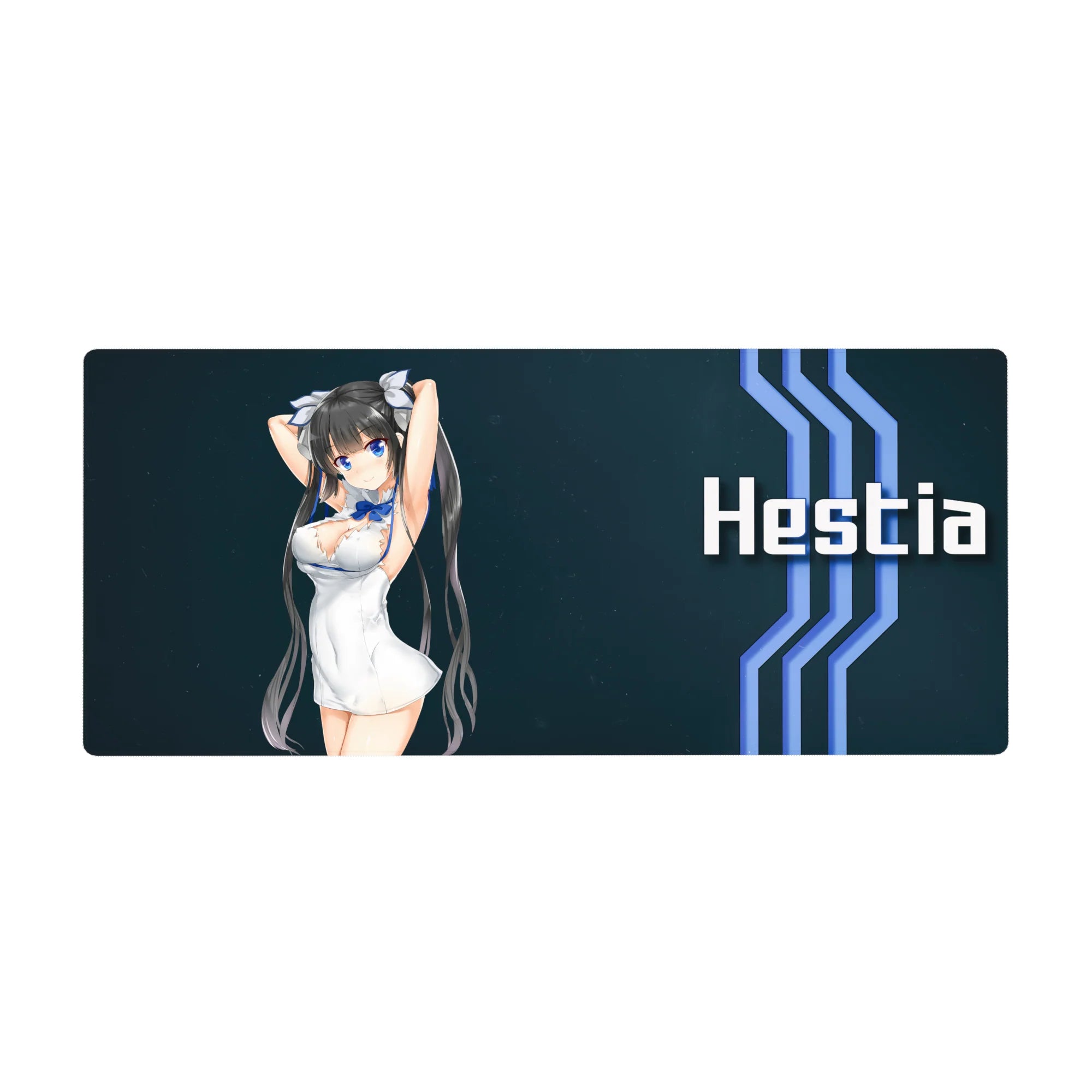 Anime girl desk pad 36x16 inches with twin-tail character on navy sci-fi background and bold lettering.