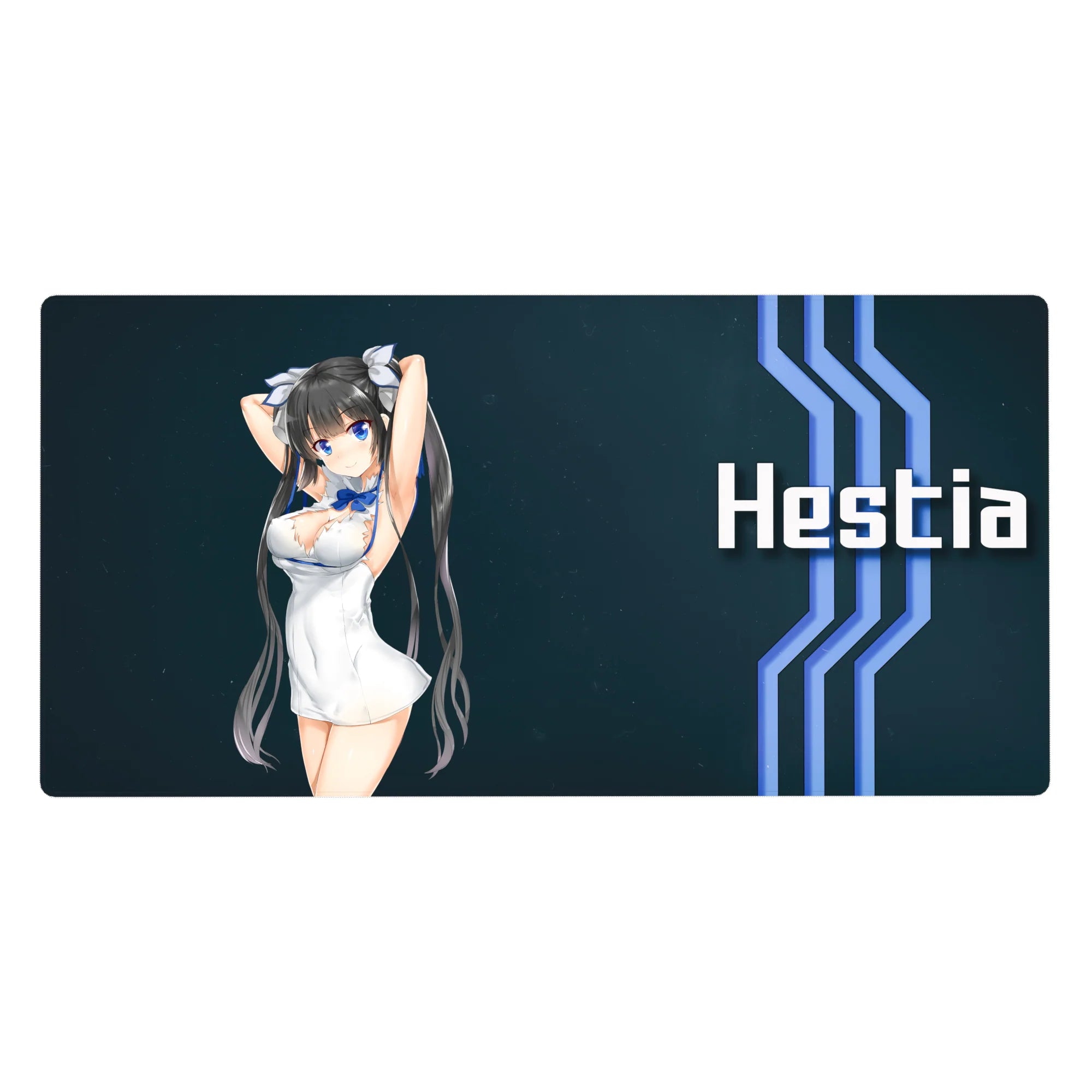 Anime girl desk pad 40x20 inches with twin-tail character on navy sci-fi background and white text.