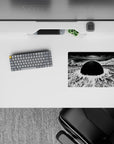 Monochrome anime mouse pad 14x10 inches in stark black-and-white, gritty shadows, calm apocalyptic mood.