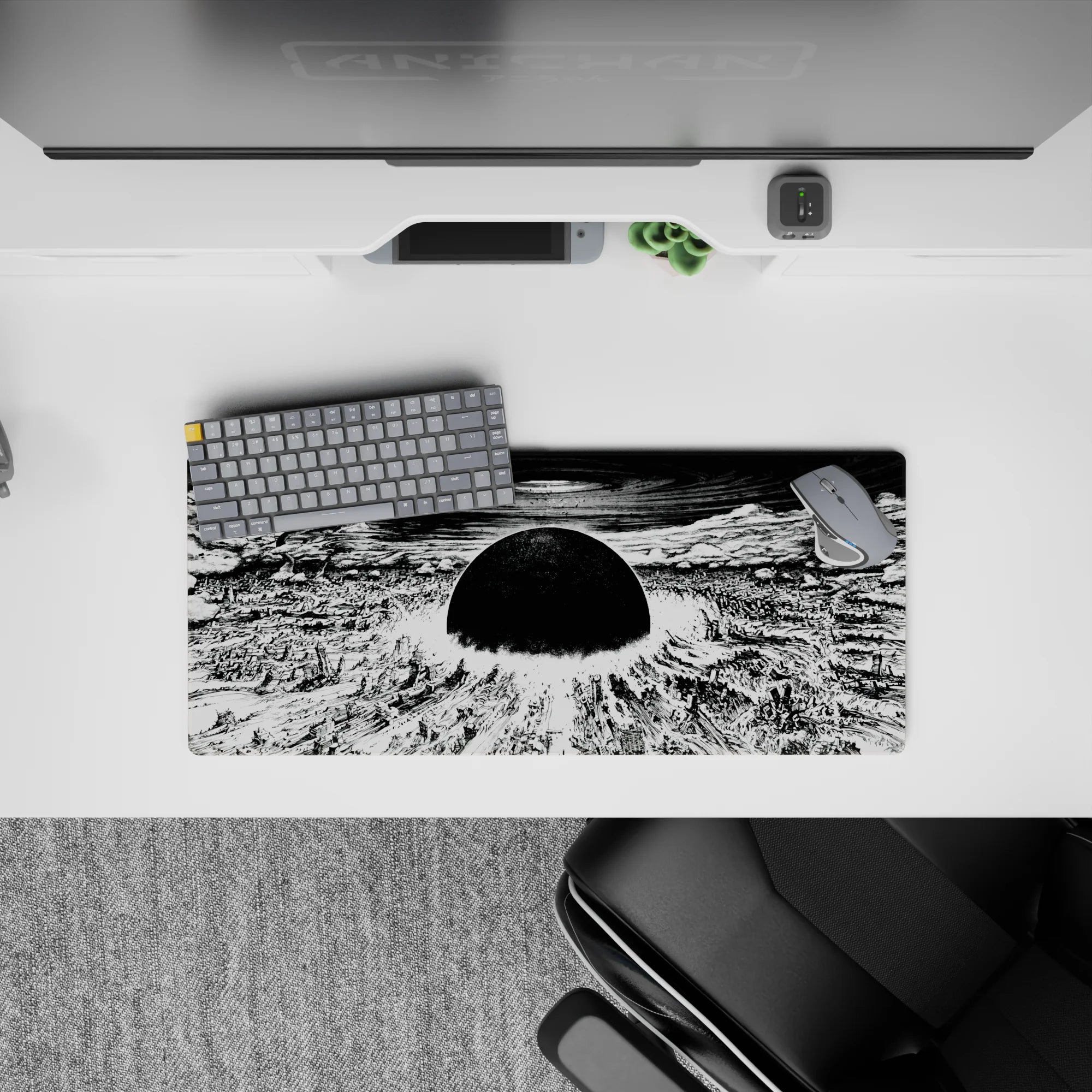 28x12 inches monochrome anime mouse pad, brutal black sun and heavy shadows for a calm apocalypse mood.