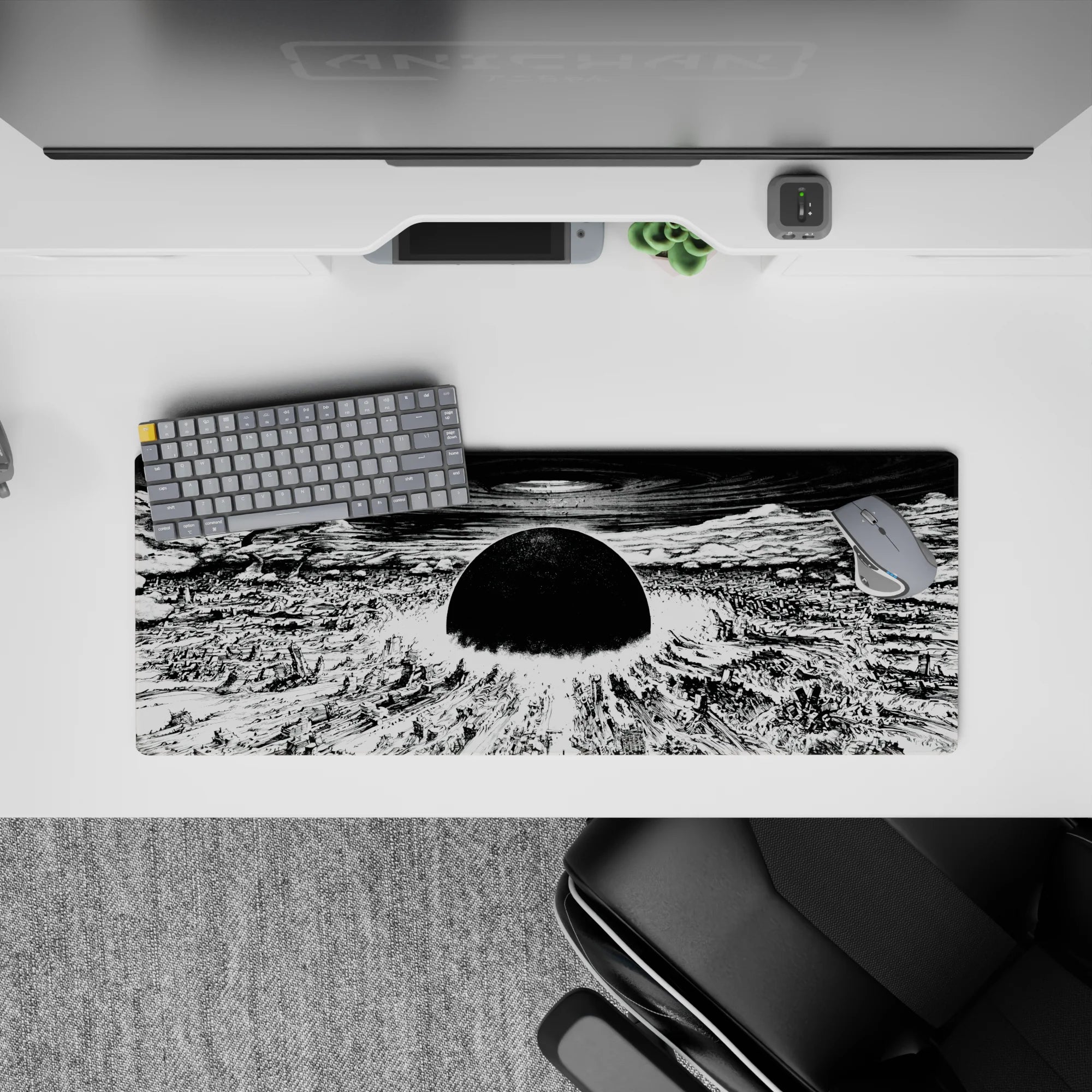32x12 inches monochrome anime mouse pad, stark black-and-white apocalypse scene with calm, eerie shadows.