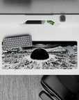 32x12 inches monochrome anime mouse pad, stark black-and-white apocalypse scene with calm, eerie shadows.