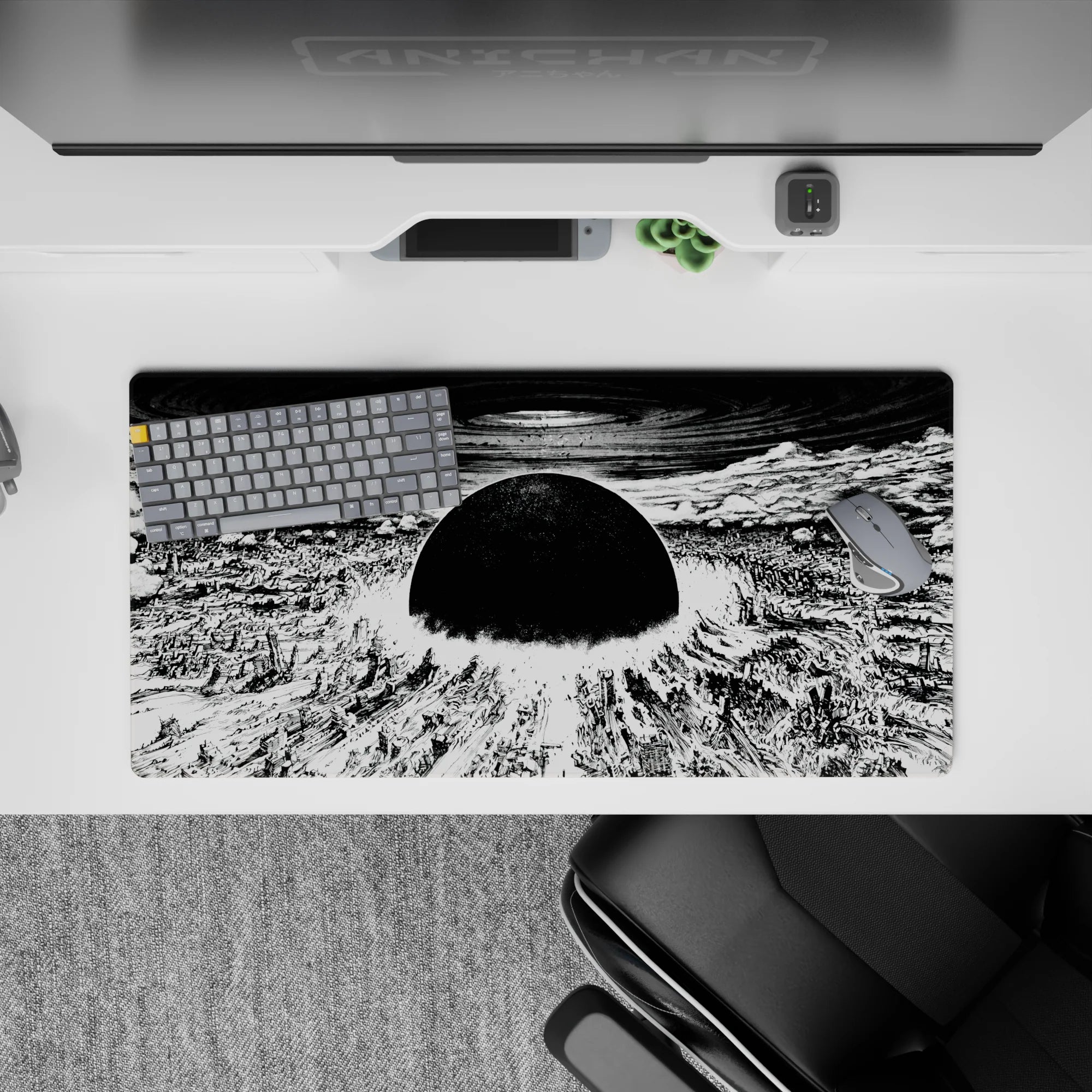 32x16 inches monochrome anime desk mat, sharp ink lines, heavy shadows, calm post-apocalyptic mood.