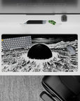 32x16 inches monochrome anime desk mat, sharp ink lines, heavy shadows, calm post-apocalyptic mood.