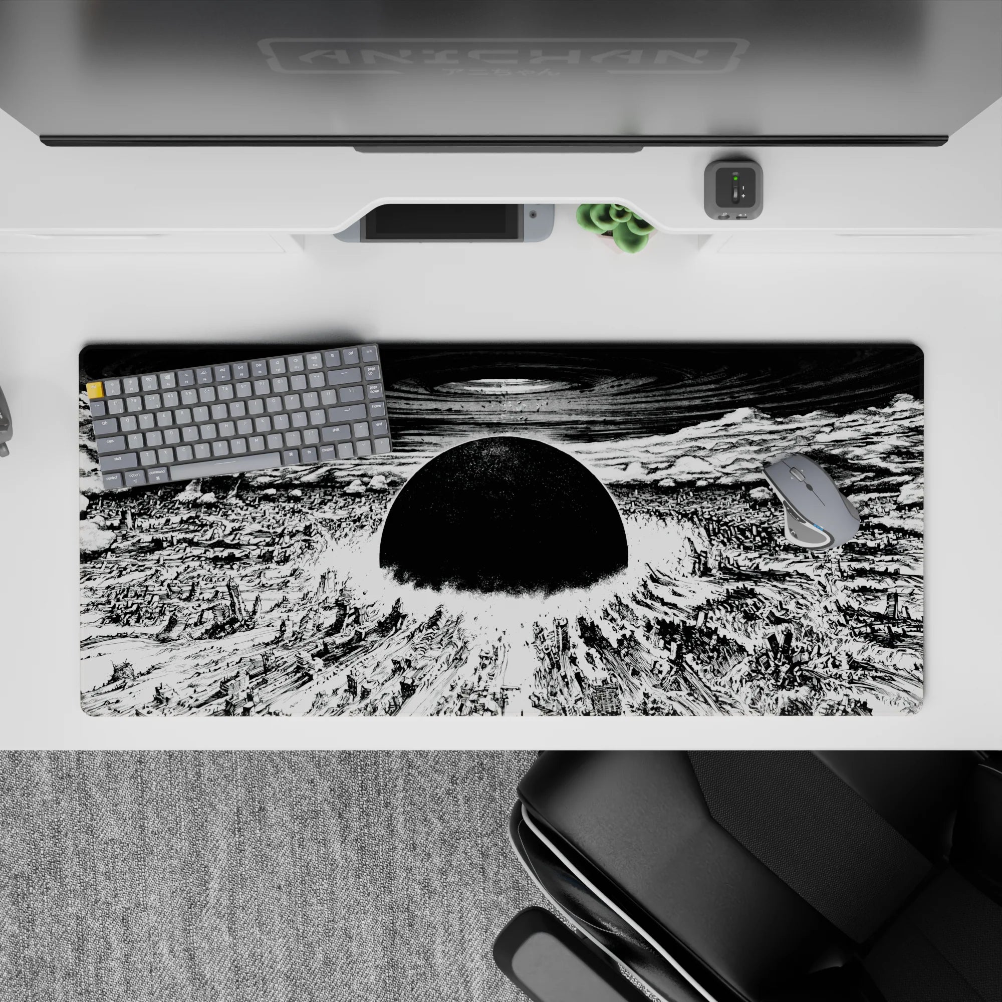 Monochrome anime desk pad 36x16 inches, harsh black ink shadows and scratchy textures, calm apocalypse mood.