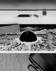 Monochrome anime desk pad 36x16 inches, harsh black ink shadows and scratchy textures, calm apocalypse mood.