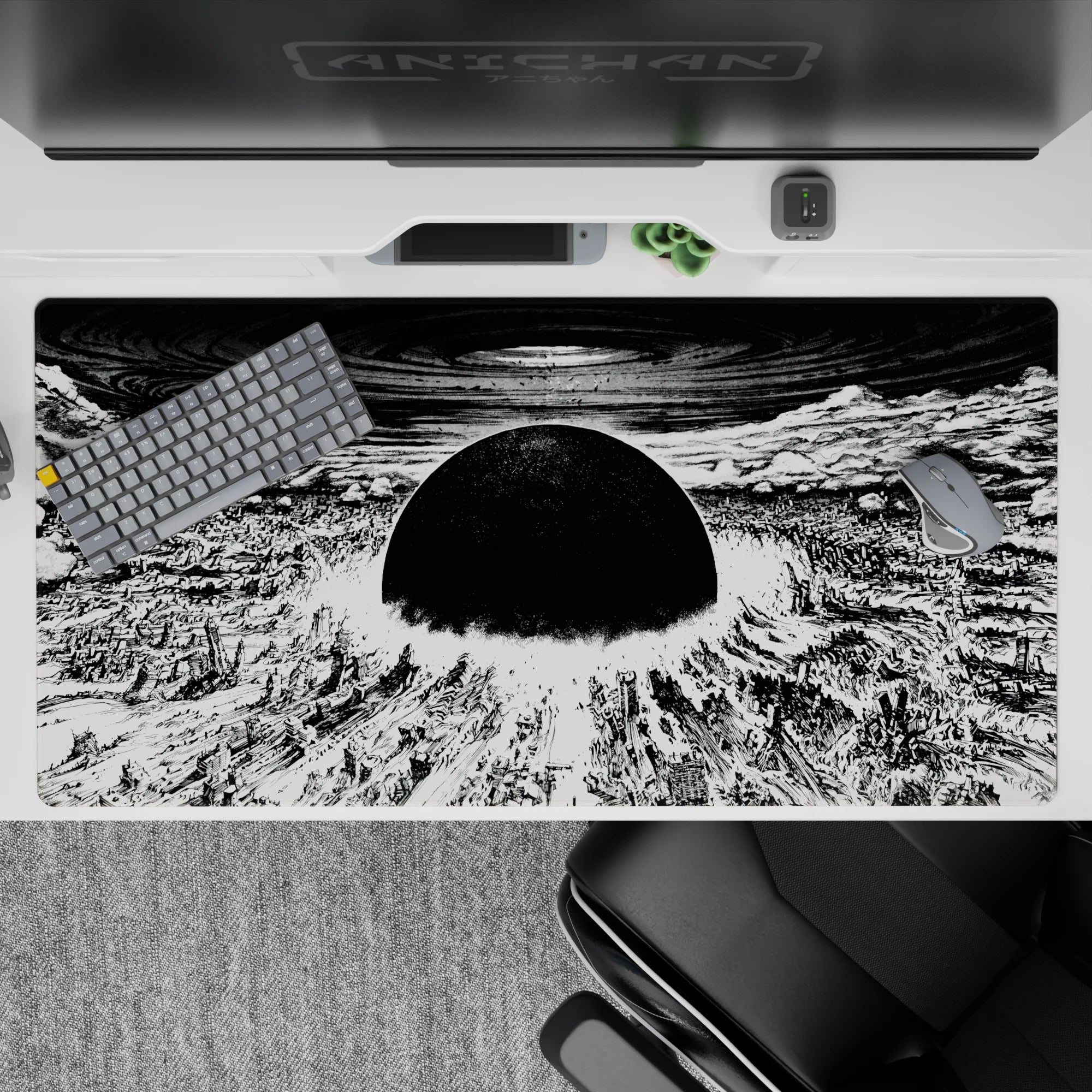 Monochrome anime desk pad 40x20 inches in stark black-and-white, brutal yet calming post-apocalyptic mood.