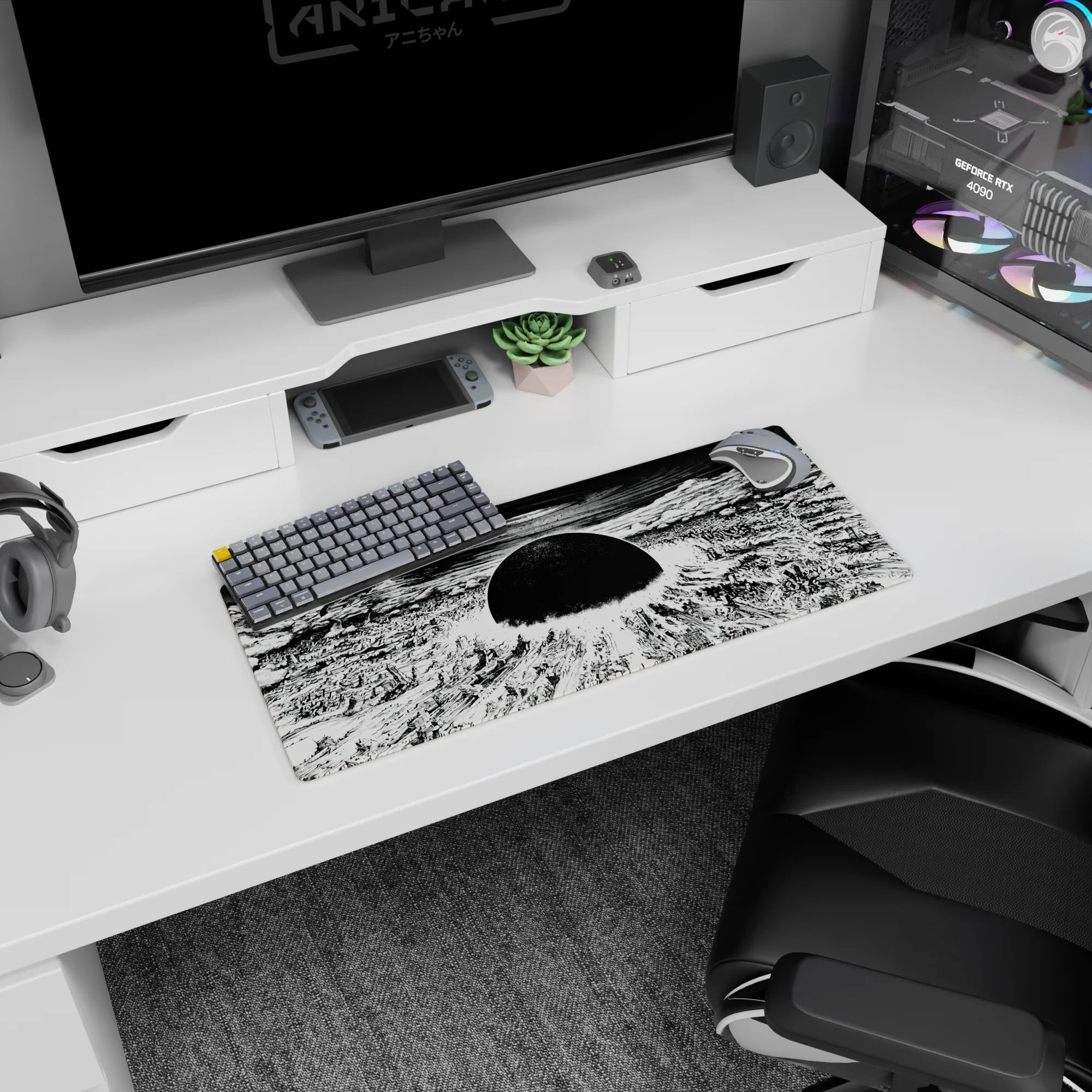 28x12 inches anime mouse pad showing rubble fields and broken towers radiating from a sky vortex.