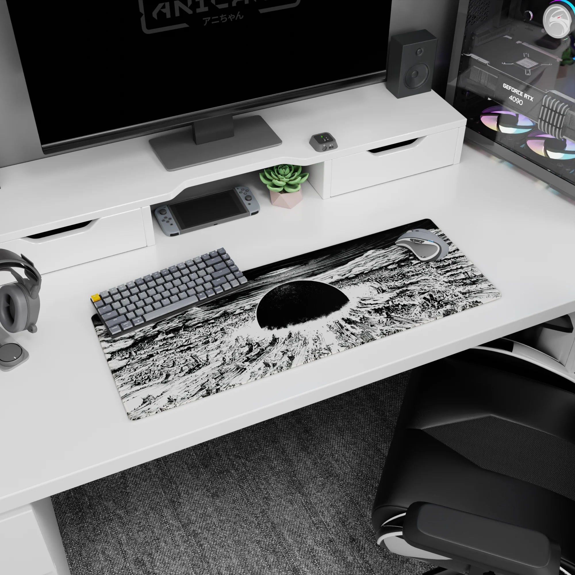 32x12 inches anime mouse pad showing rubble fields and broken towers spiraling into a stormy sky vortex.