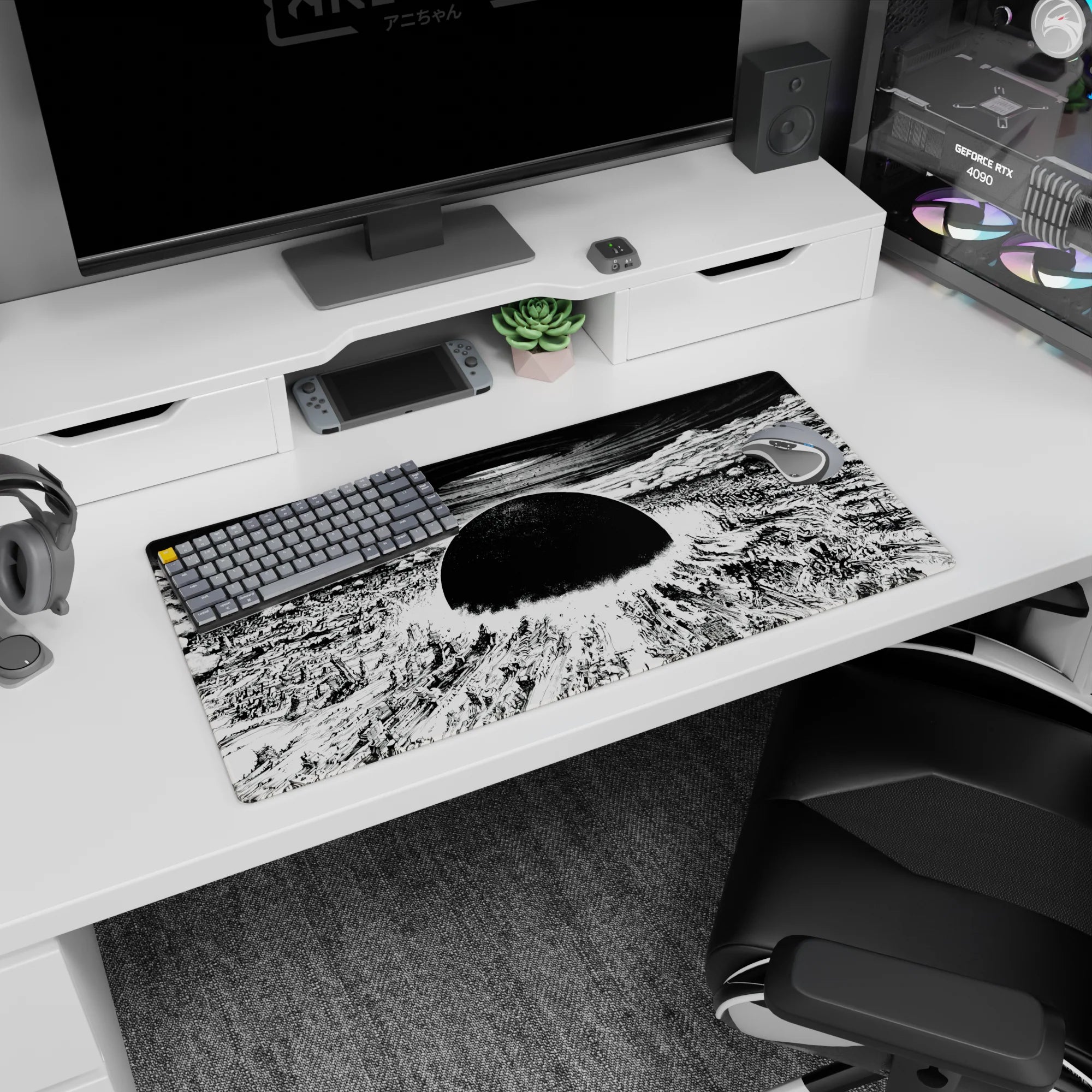 32x16 inches anime mouse pad showing a city in ruins, broken towers and rubble radiating into a sky vortex.