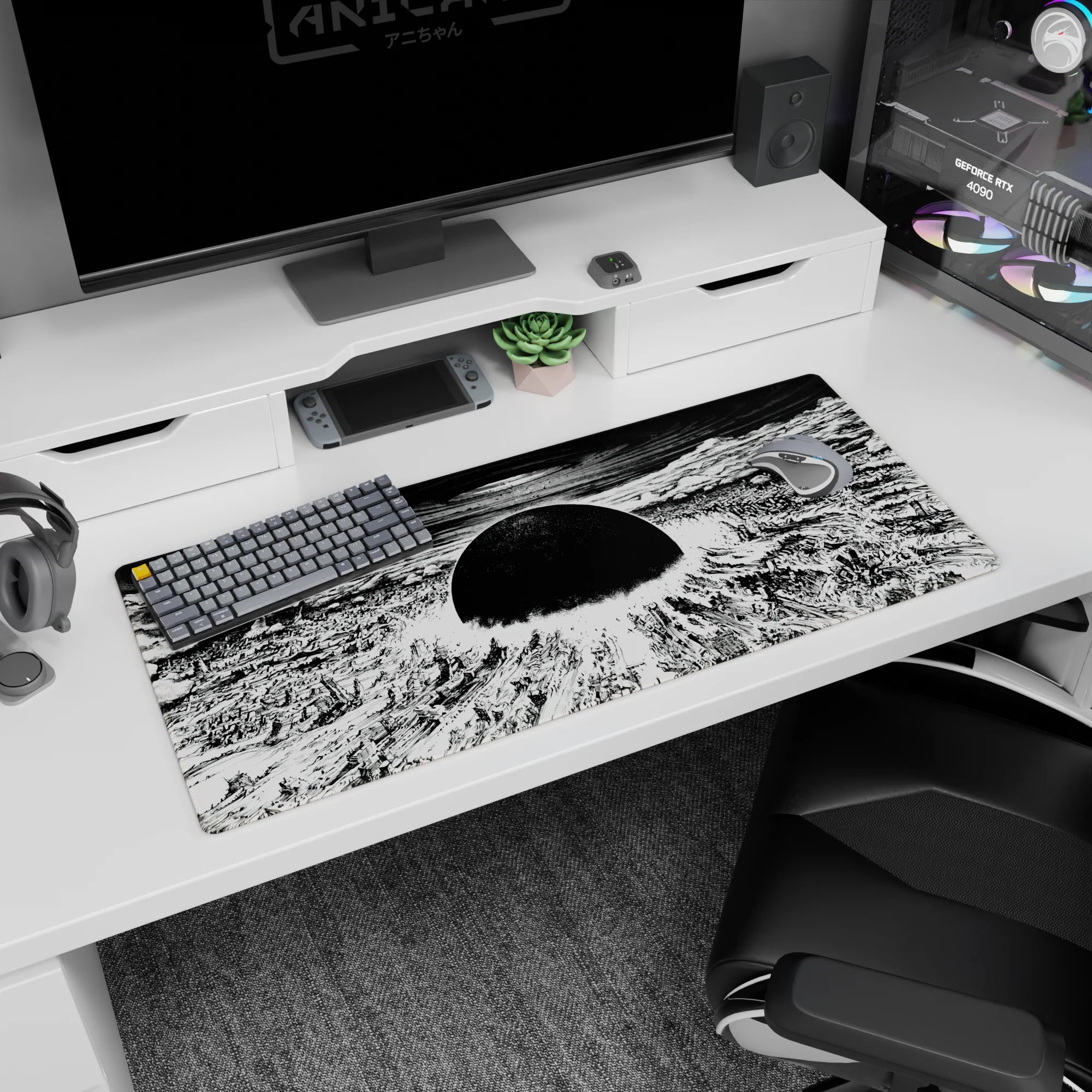 Anime desk pad 36x16 inches showing a black sun above broken towers and rubble fields spiraling into a vortex.