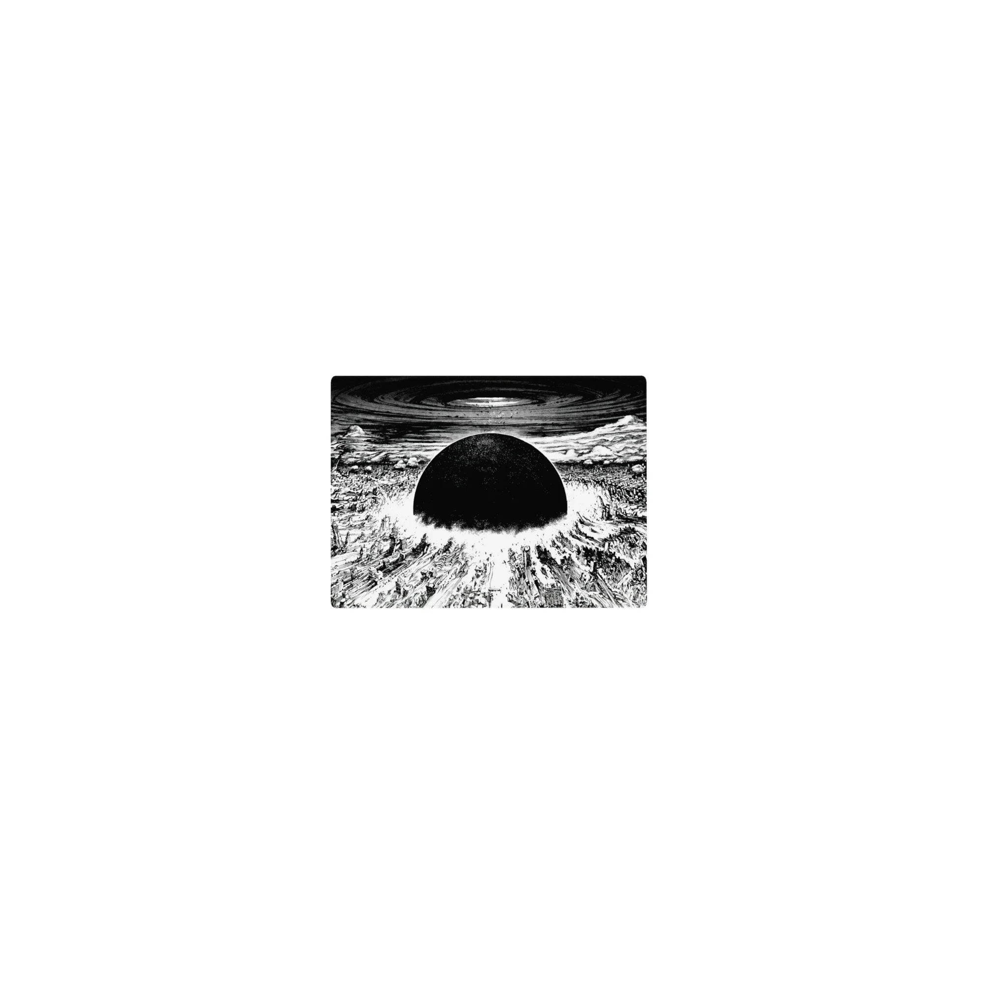 Classic anime mouse pad 14x10 inches with panoramic ruined city, black sun, and swirling sky vortex.