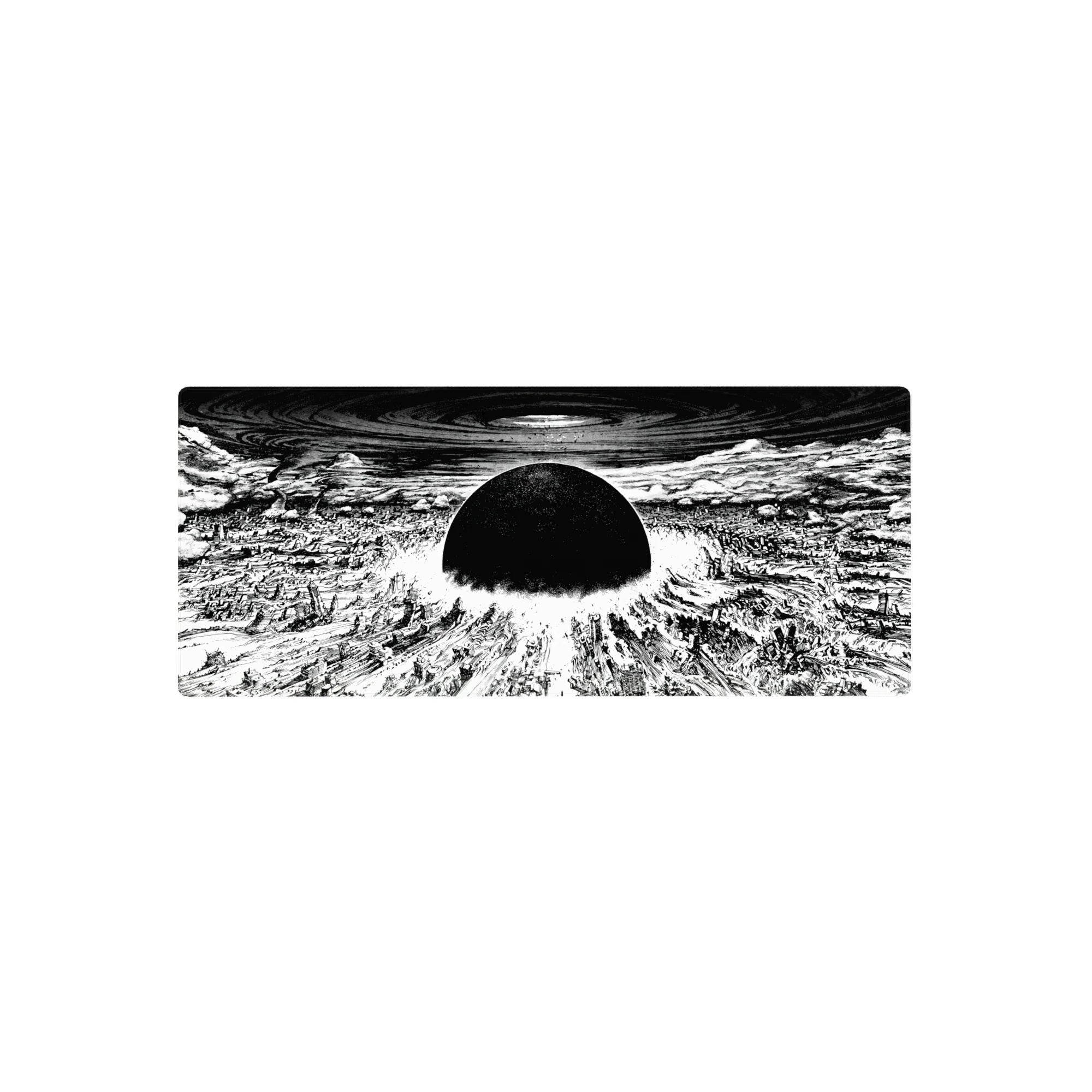 28x12 inches anime mouse pad with black sun over shattered city, swirling sky vortex, panoramic scene.