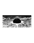28x12 inches anime mouse pad with black sun over shattered city, swirling sky vortex, panoramic scene.