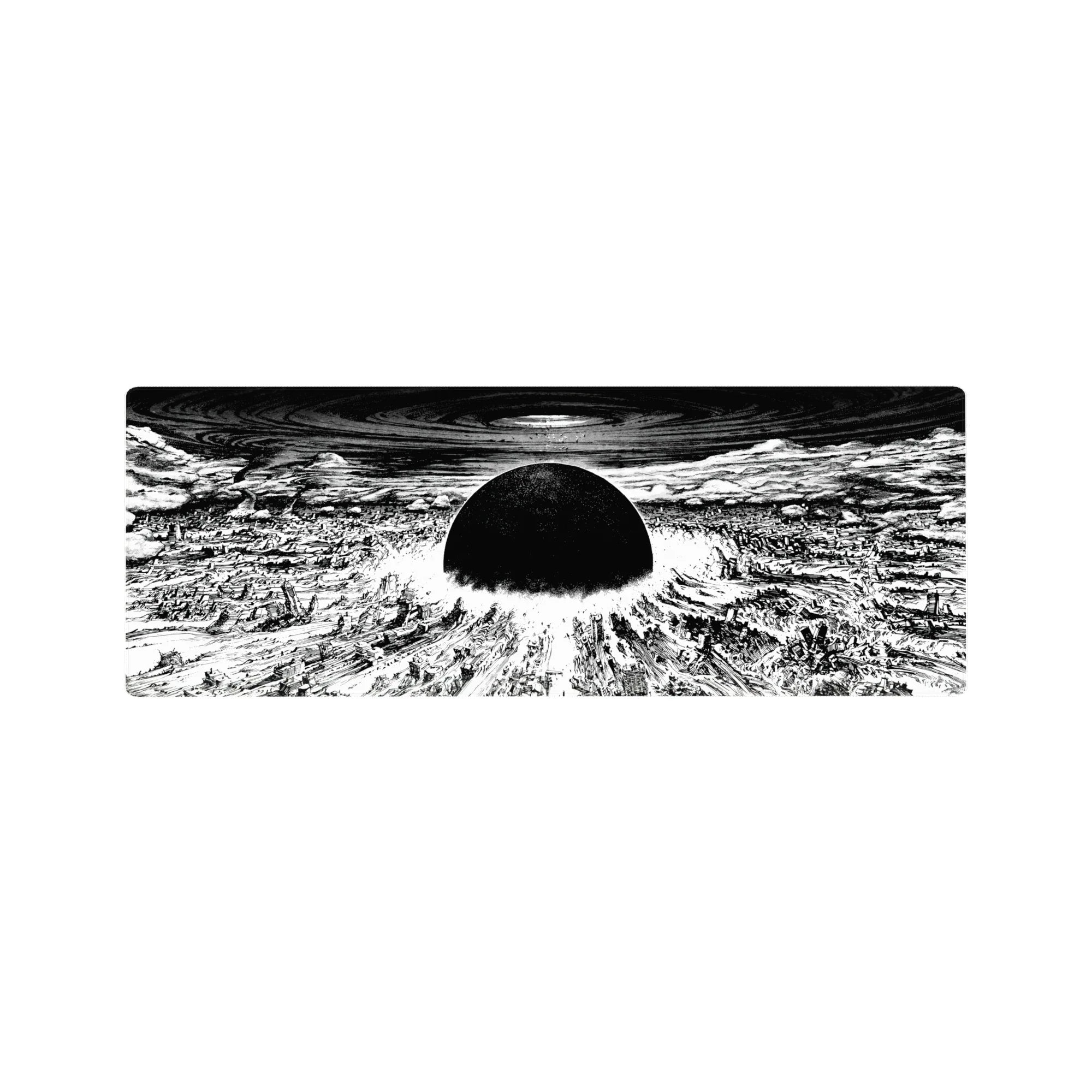 32x12 inches anime mouse pad with black sun over shattered city, swirling vortex sky, panoramic ruins.