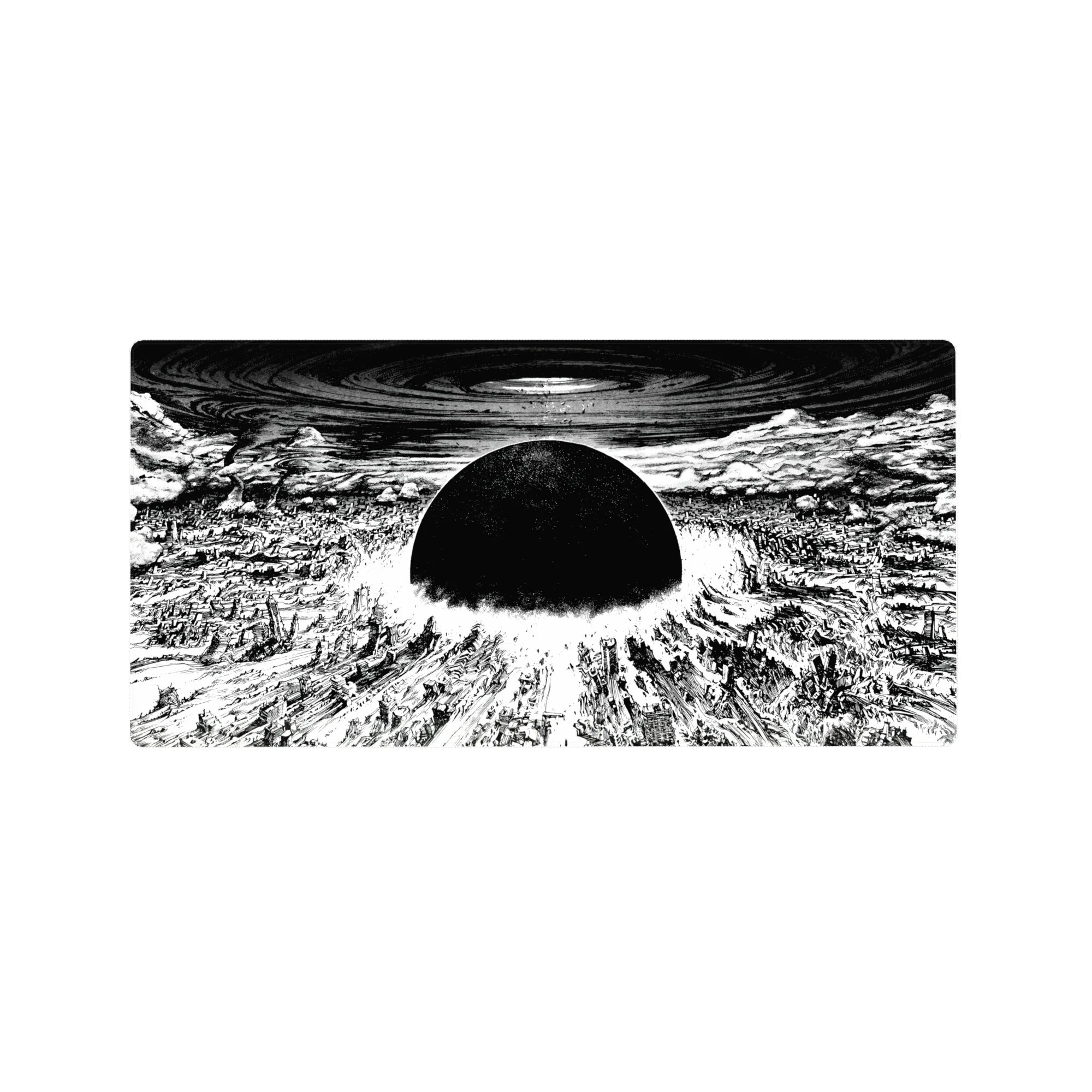 32x16 inches anime mouse pad with black sun over a shattered city, swirling sky vortex, panoramic scene.
