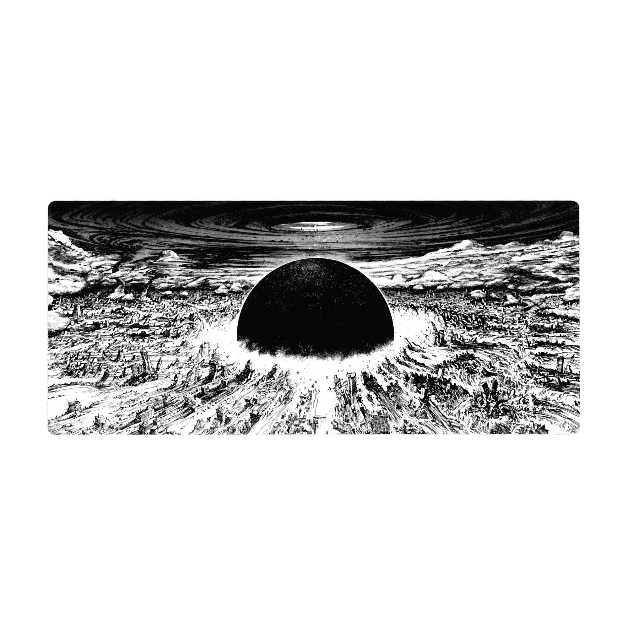 Anime desk pad 36x16 inches with shattered city panorama, black sun, swirling sky vortex, and ruins.