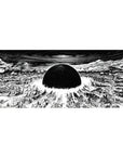Anime desk pad 36x16 inches with shattered city panorama, black sun, swirling sky vortex, and ruins.