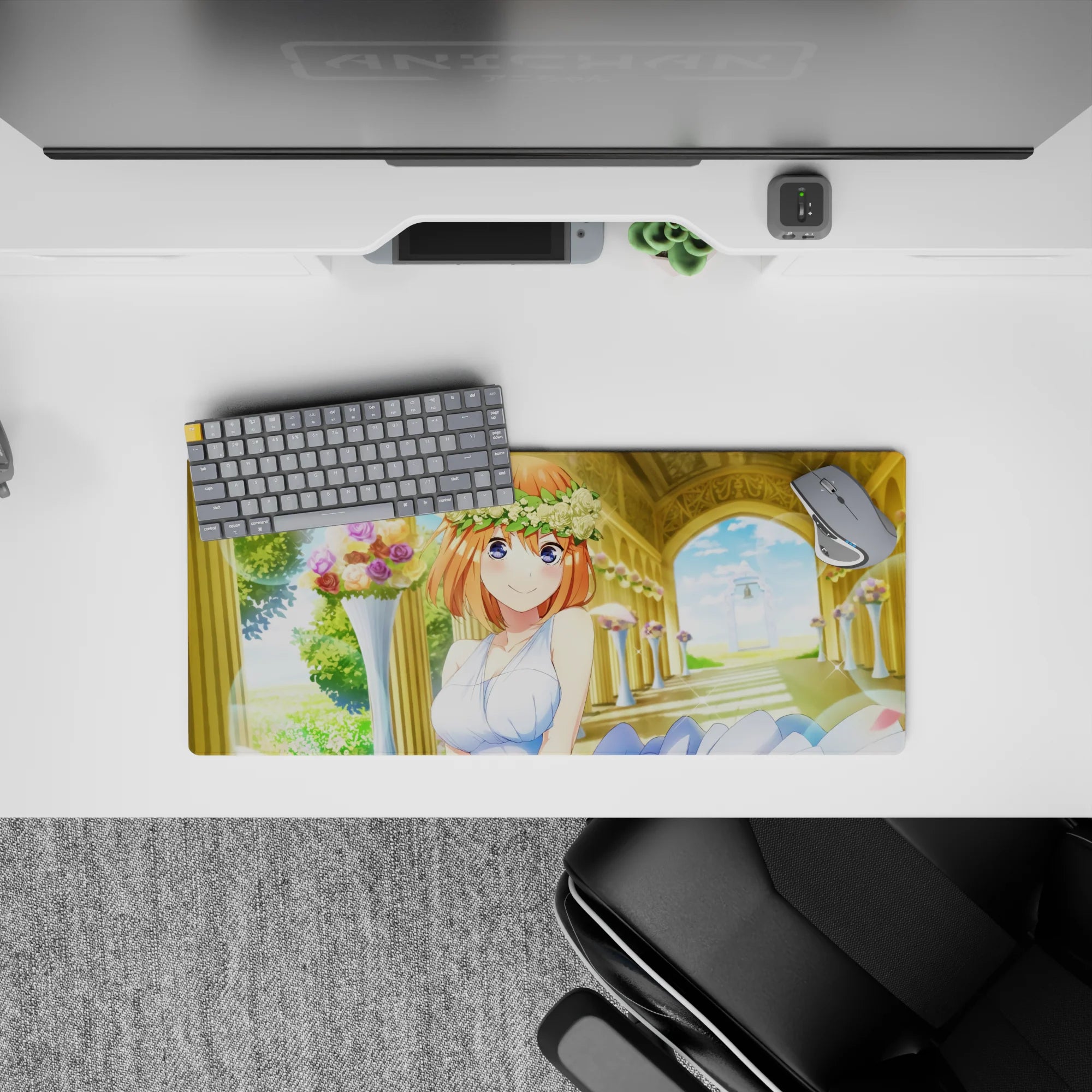 Warm cream and sky blue anime girl mouse pad, sunny gold archway, sparkles, soft romantic mood, 28x12 inches.