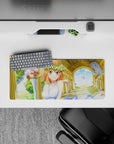 Warm cream and sky blue anime girl mouse pad, sunny gold archway, sparkles, soft romantic mood, 28x12 inches.