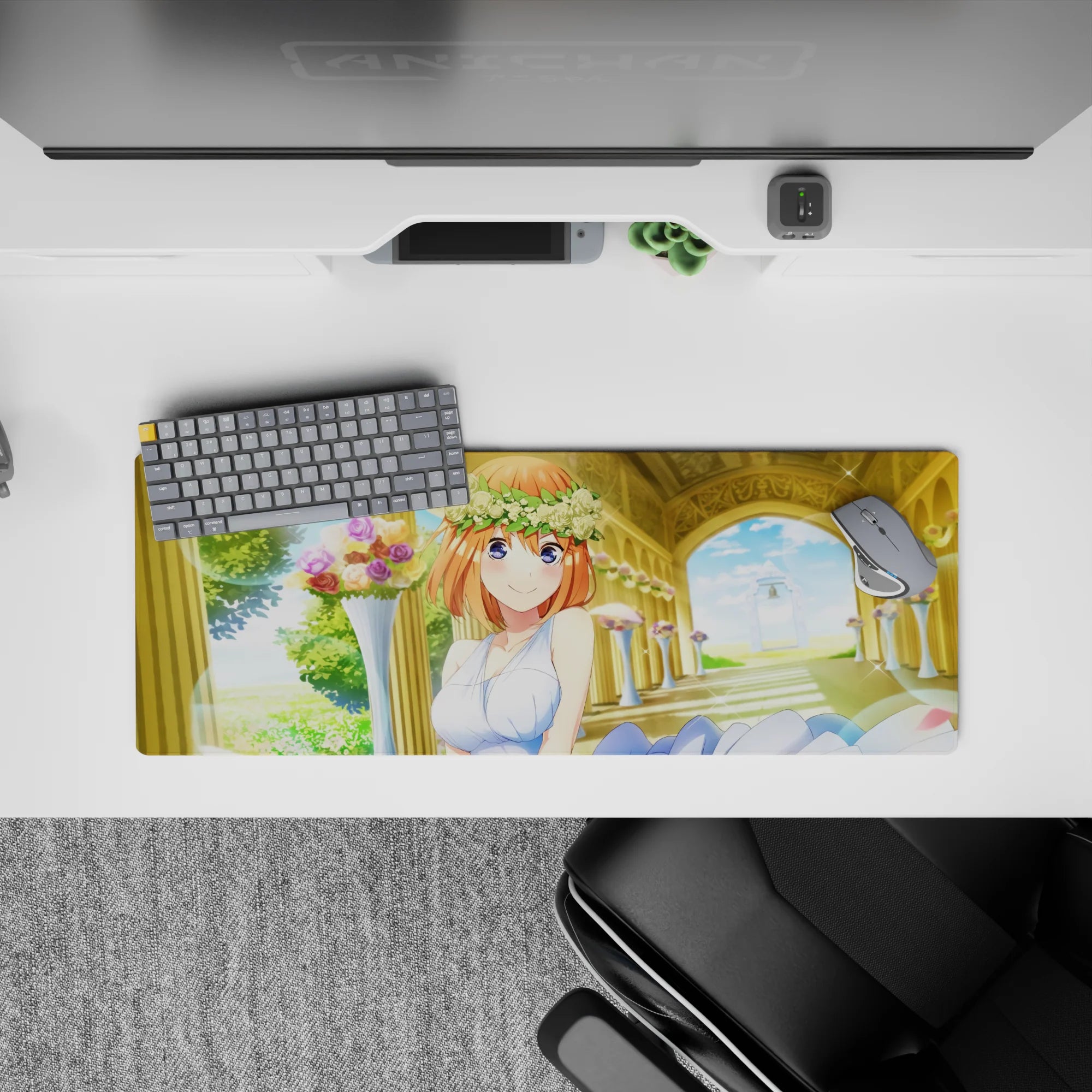 32x12 inches anime girl mouse pad in warm cream, sky blue, garden green, dreamy romantic sparkle vibe.
