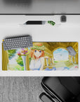 32x12 inches anime girl mouse pad in warm cream, sky blue, garden green, dreamy romantic sparkle vibe.