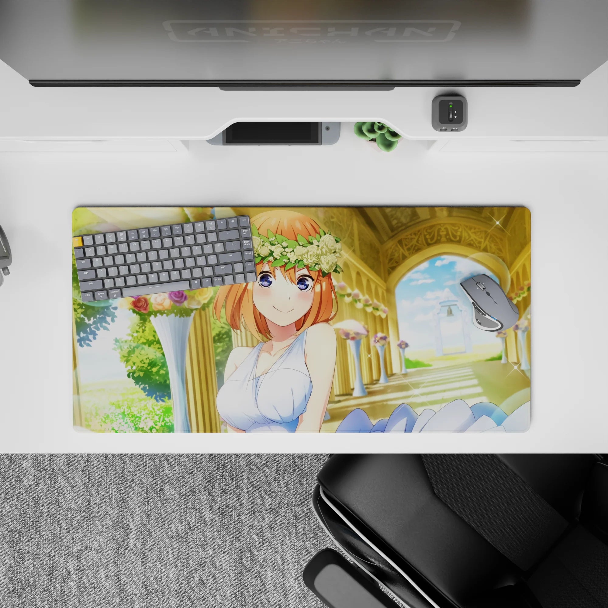 Warm cream and sky blue anime girl mouse pad 32x16 inches, sunny romantic garden mood with soft glow.