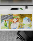 Warm cream and sky blue anime girl mouse pad 32x16 inches, sunny romantic garden mood with soft glow.