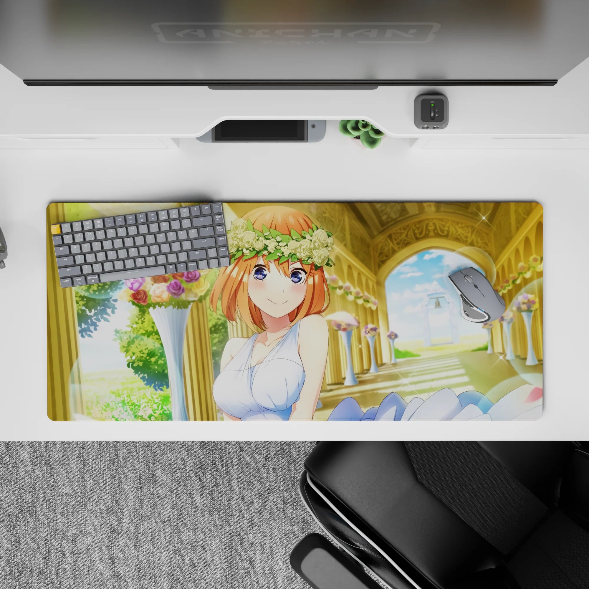 Dreamy romance desk pad 36x16 inches in warm cream, sky blue, garden greens with soft sparkles.