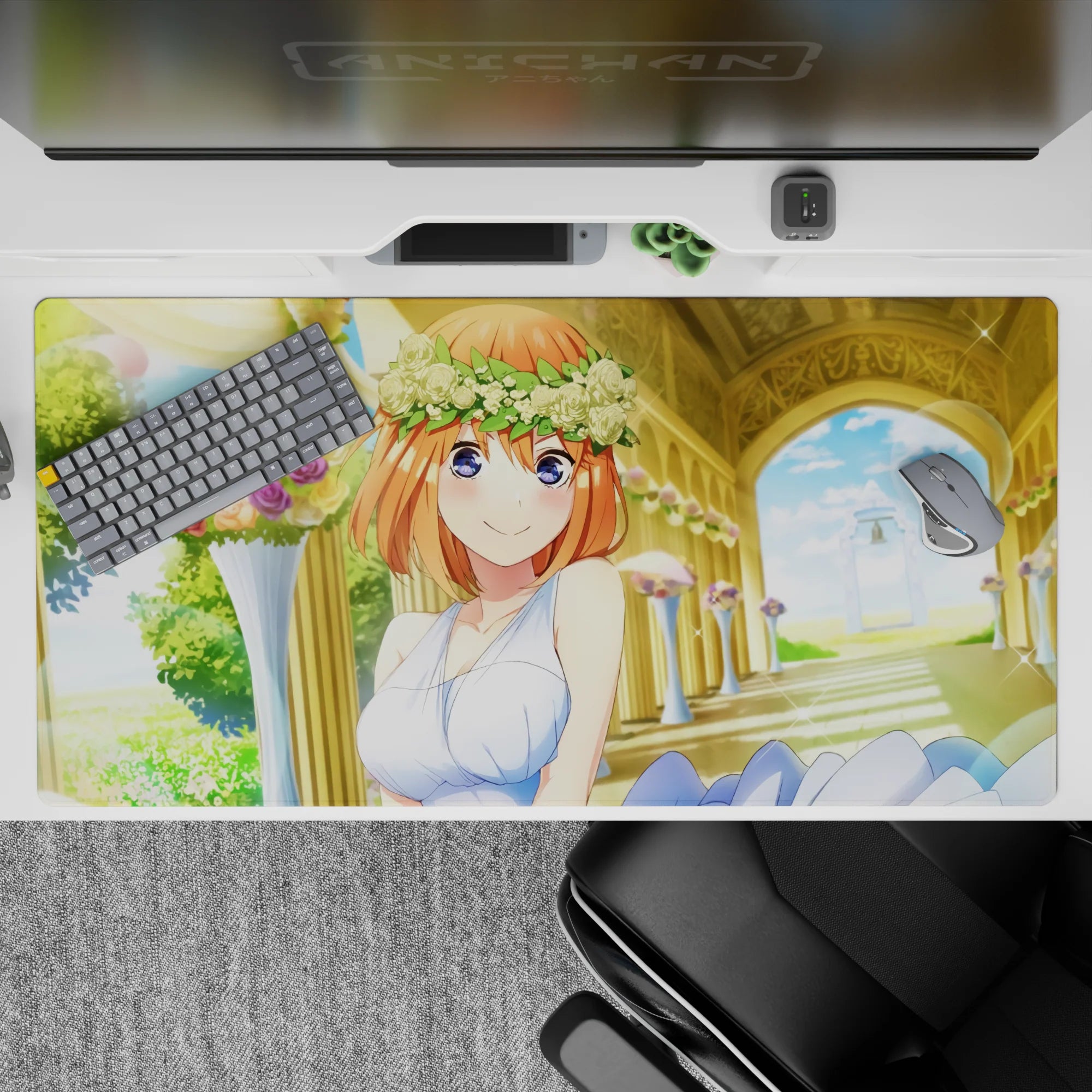 Pastel gold, cream, and sky-blue anime desk pad 40x20 inches with sunny sparkles and bouquets.