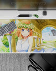 Pastel gold, cream, and sky-blue anime desk pad 40x20 inches with sunny sparkles and bouquets.