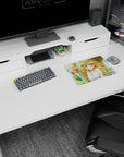 Orange-haired anime bride smiling mouse pad 14x10 inches under a white rose crown in sunny archway.