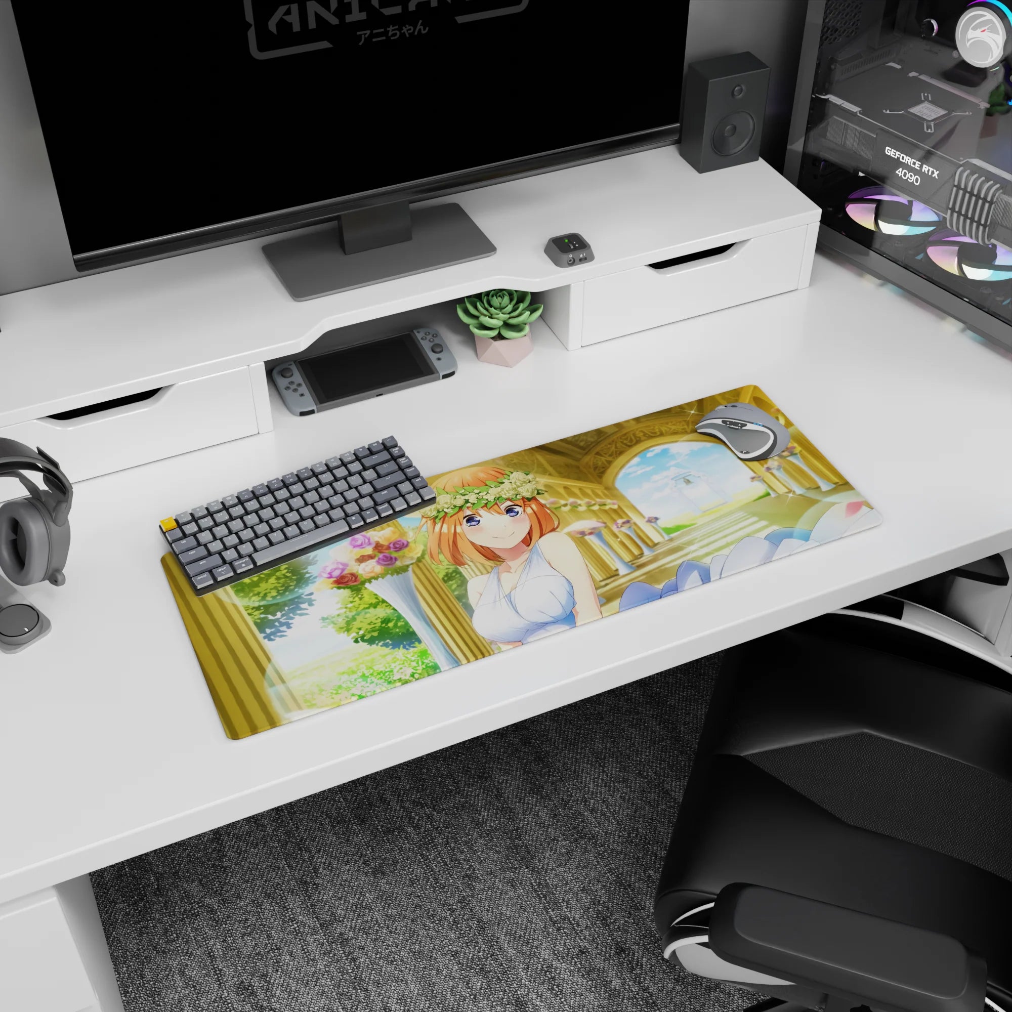 32x12 inches anime girl mouse pad featuring smiling orange-haired bride under sunny golden archway with flowers.