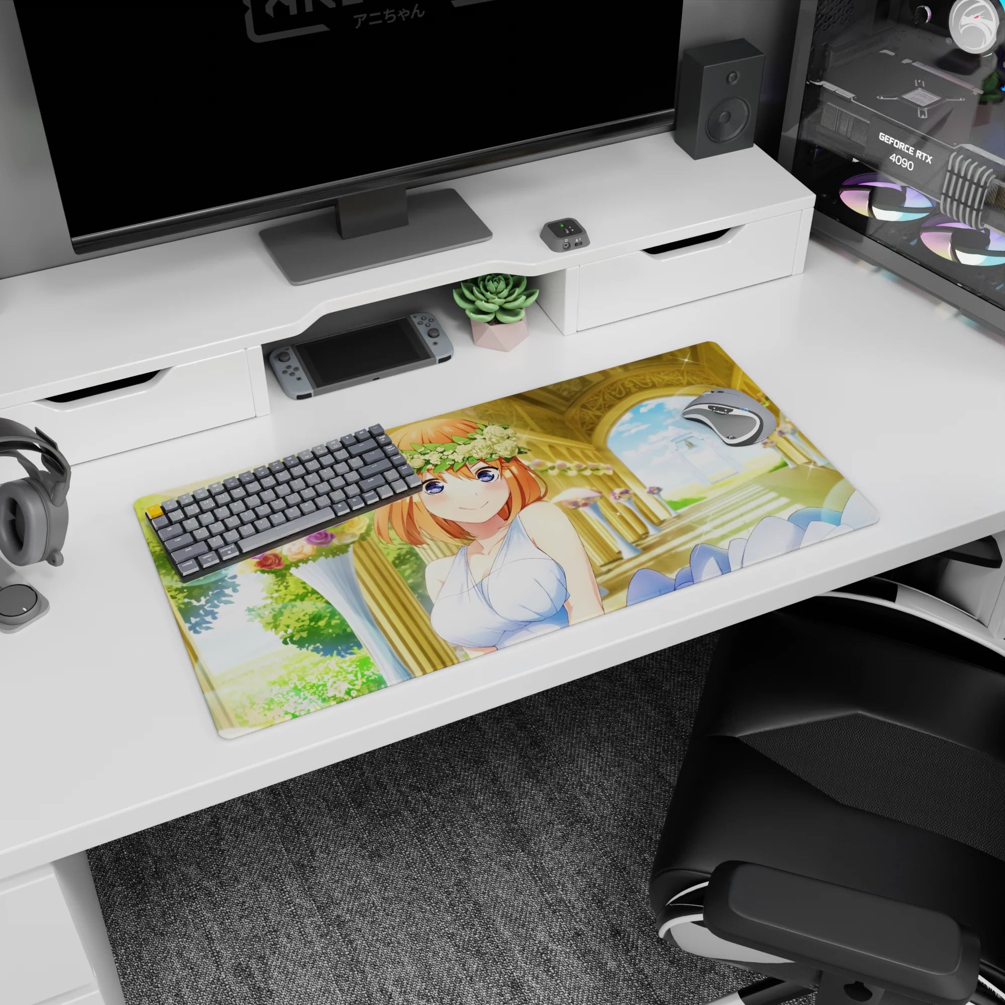 Orange-haired anime bride smiling in a white rose crown on a 32x16 inches mouse pad, pastel florals.