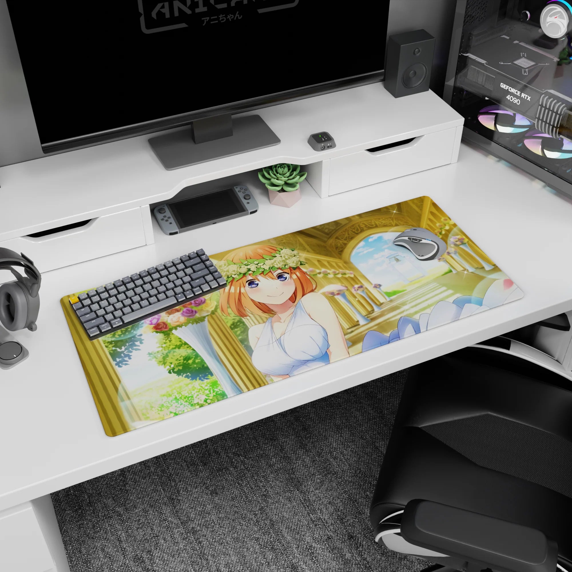 Soft orange-haired anime bride smiles under a gold arch, desk pad 36x16 inches with rose crown.