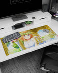Soft orange-haired anime bride smiles under a gold arch, desk pad 36x16 inches with rose crown.