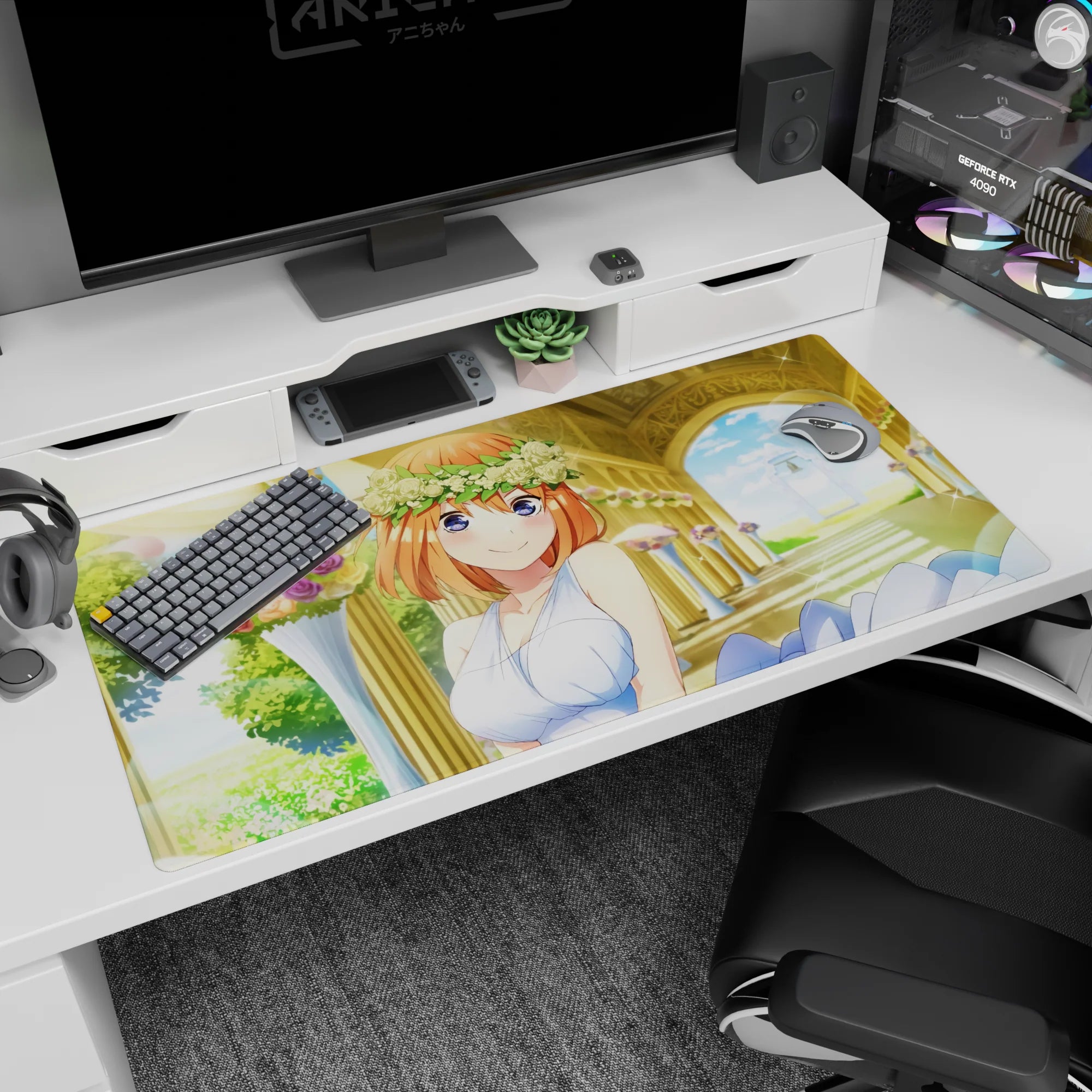 Smiling orange-haired anime bride under a golden archway desk pad 40x20 inches with floral accents.