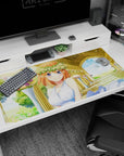 Smiling orange-haired anime bride under a golden archway desk pad 40x20 inches with floral accents.
