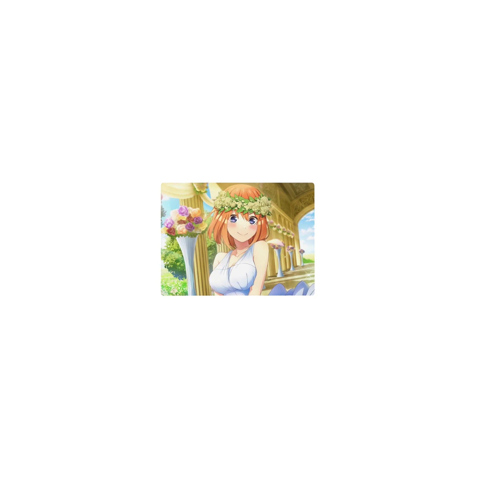 Classic anime girl bride mouse pad 14x10 inches with white rose crown, gold arch, pastel bouquets.