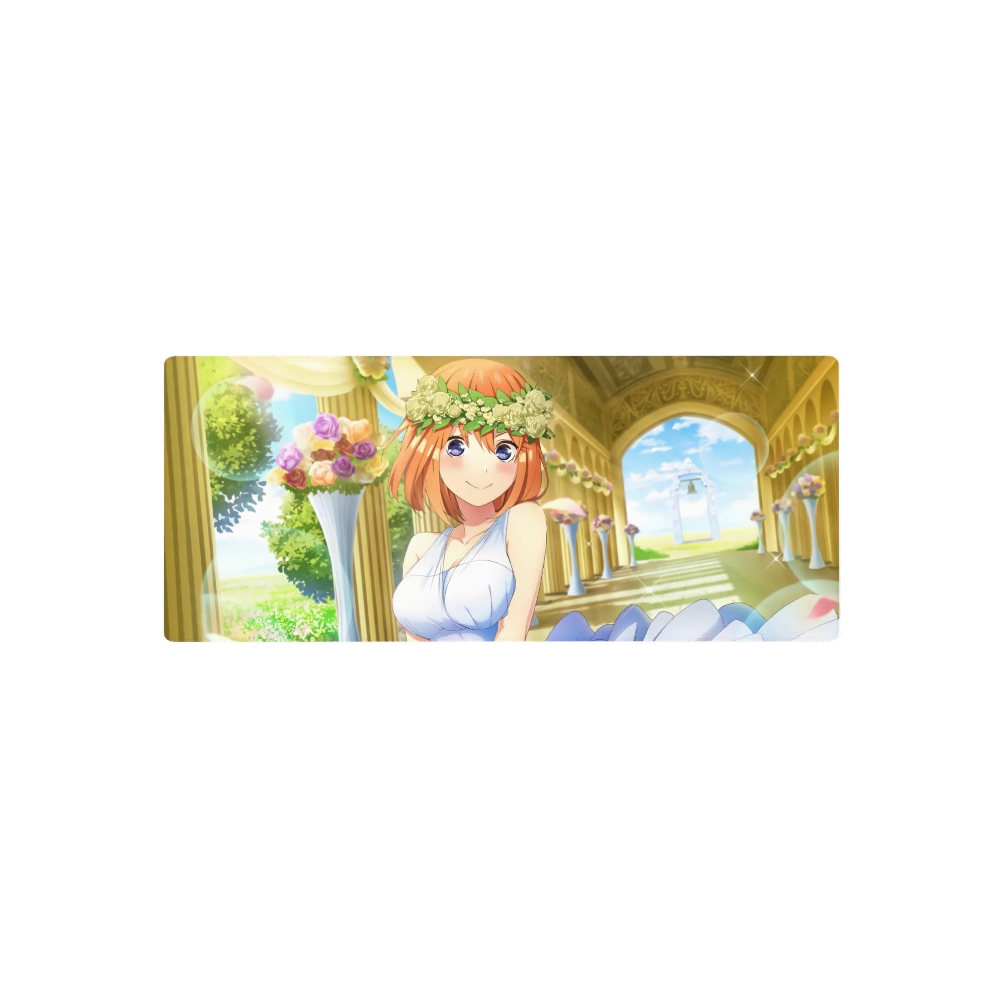 Dreamy romance anime girl mouse pad with orange-haired bride, rose crown, pastel flowers, 28x12 inches.