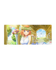 Dreamy romance anime girl mouse pad with orange-haired bride, rose crown, pastel flowers, 28x12 inches.