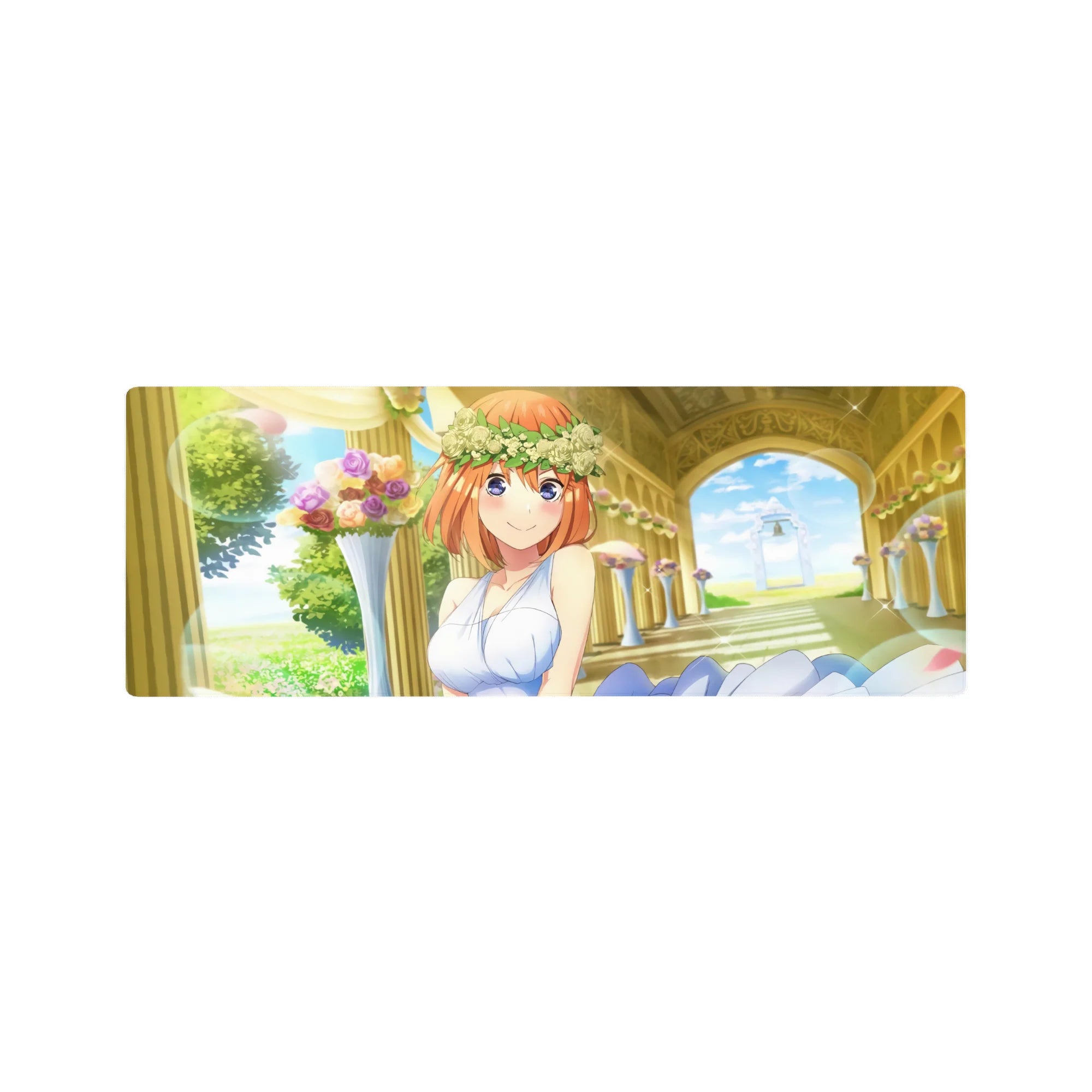 32x12 inches anime girl mouse pad with orange-haired bride, white rose crown, pastel bouquets, gold arch.