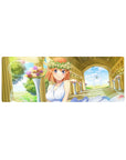 32x12 inches anime girl mouse pad with orange-haired bride, white rose crown, pastel bouquets, gold arch.