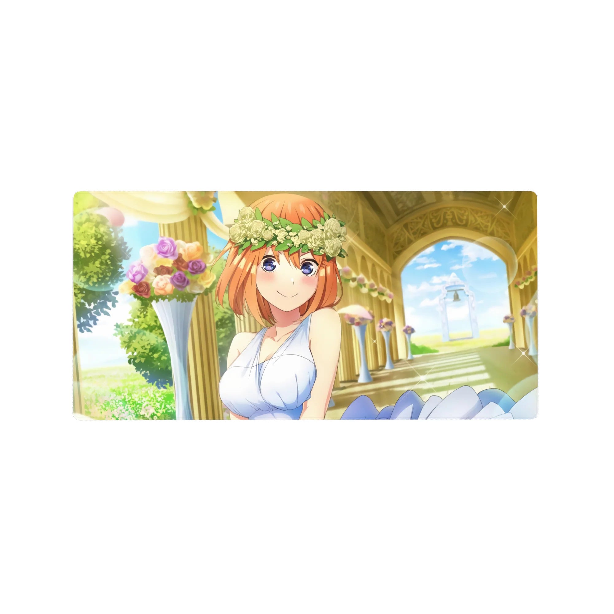 Dreamy bride anime girl mouse pad 32x16 inches with rose crown, gold arch, pastel bouquets, sparkles.