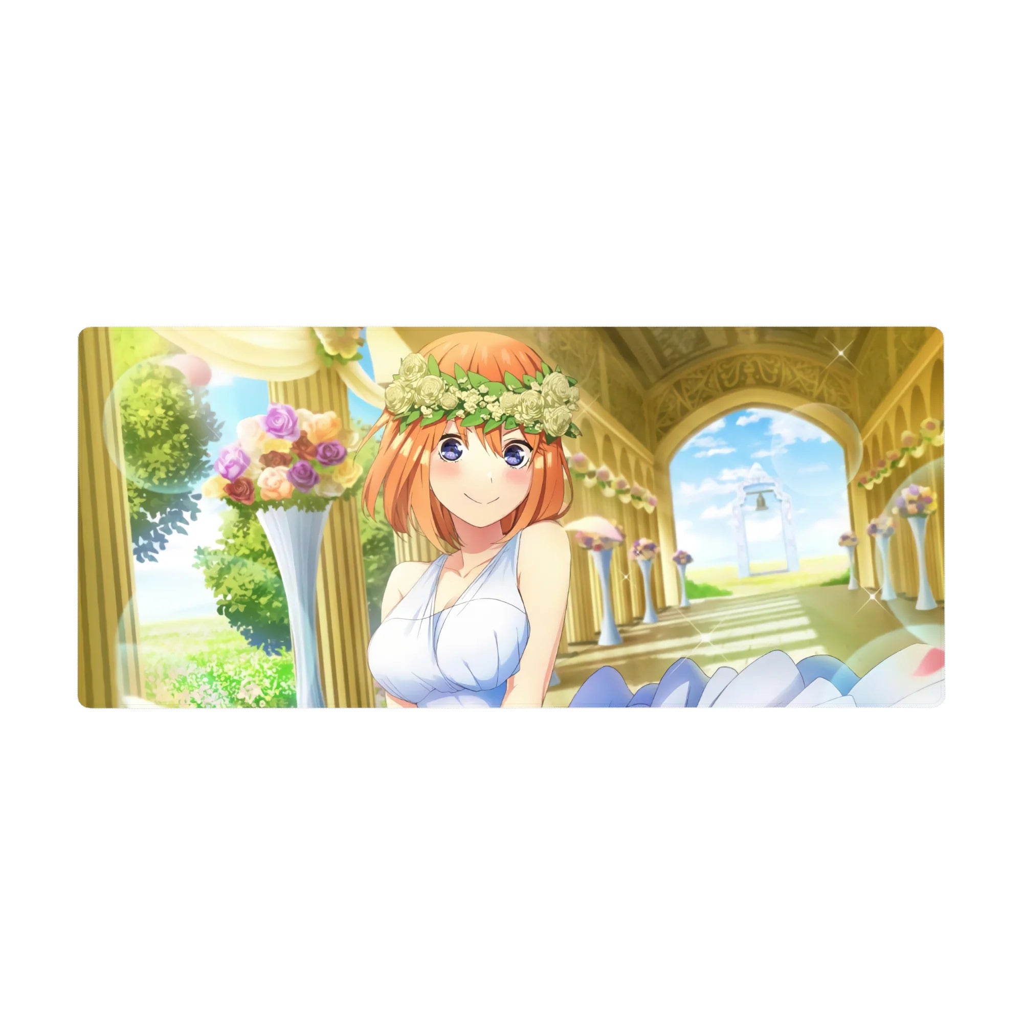 Anime girl desk pad 36x16 inches with orange-haired bride, white rose crown, pastel bouquets, gold arch.