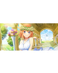 Anime girl desk pad 36x16 inches with orange-haired bride, white rose crown, pastel bouquets, gold arch.