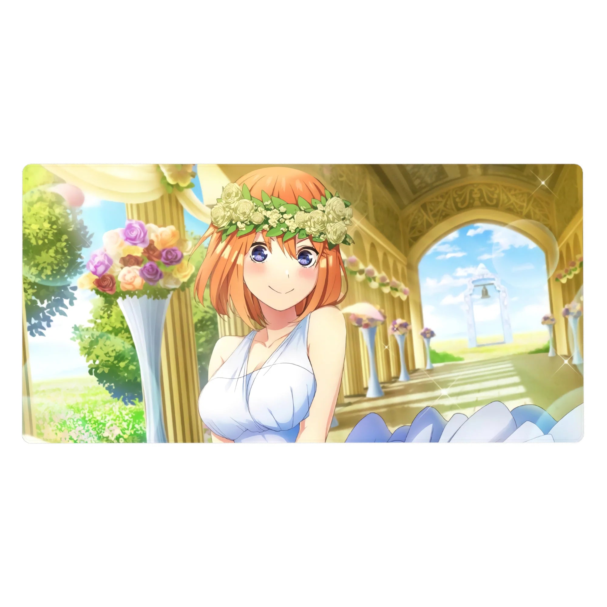 Dreamy romance anime girl desk pad 40x20 inches with orange-haired bride and white rose crown.
