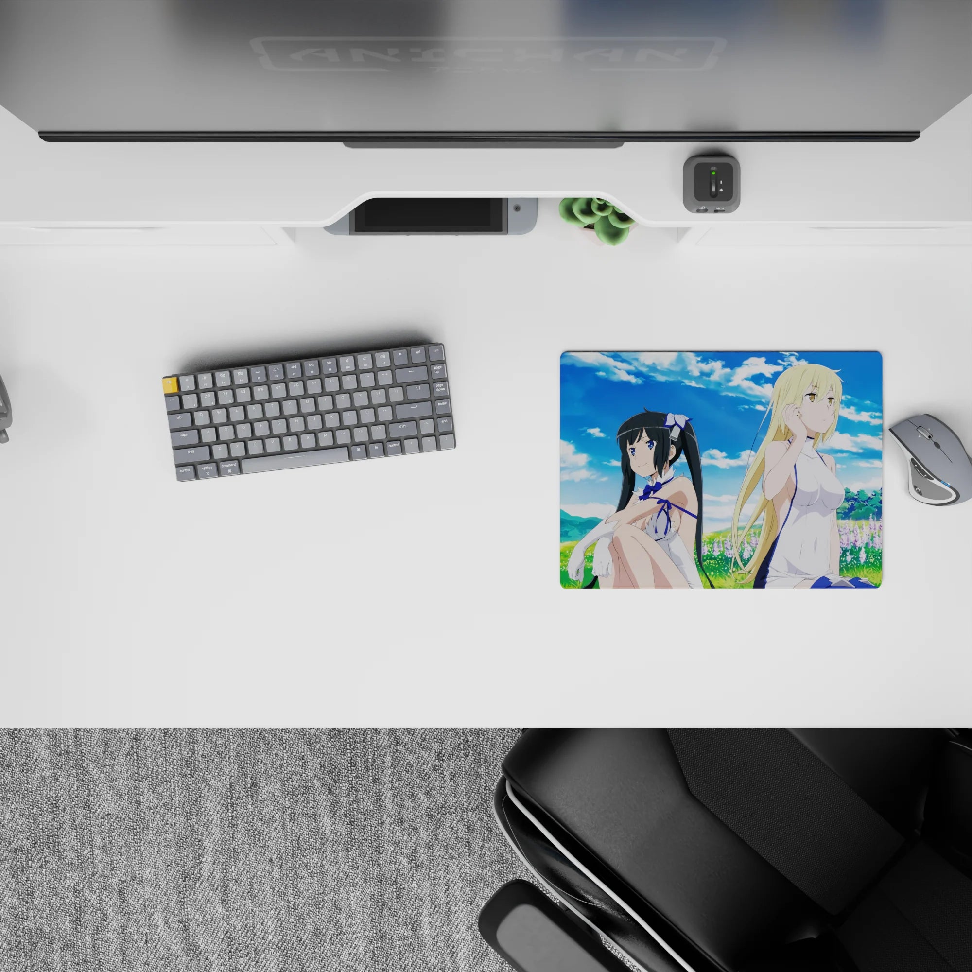 Pastel sky-blue and green anime girl mouse pad 14x10 inches with calm, flirty lavender meadow vibe.