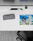 Pastel sky-blue and green anime girl mouse pad 14x10 inches with calm, flirty lavender meadow vibe.