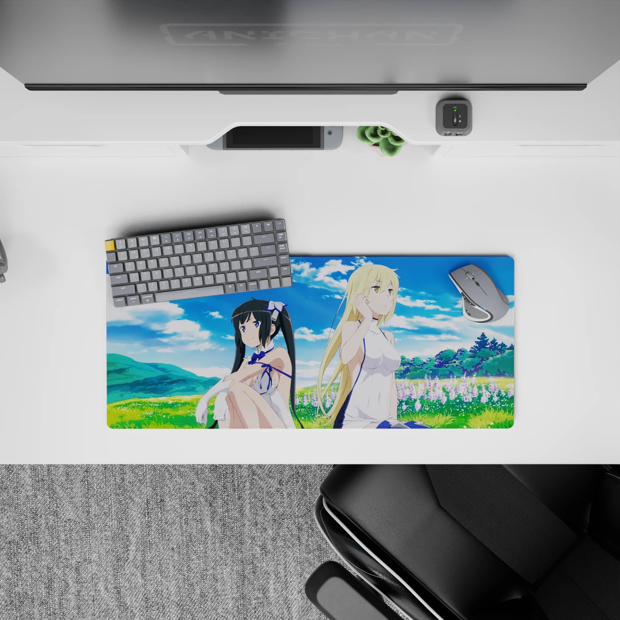 28x12 inches anime girl mouse pad in calm sky blues, fresh greens, and soft lavender flowers.